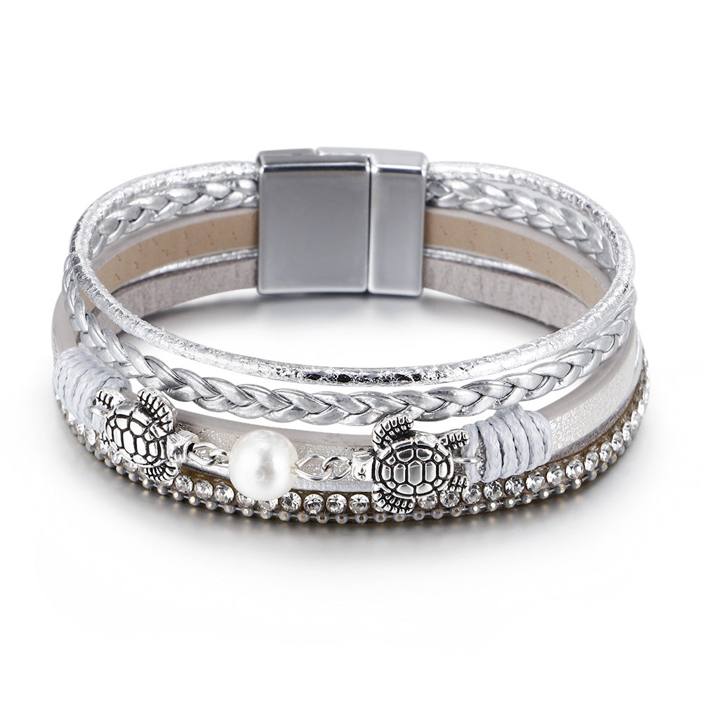 Wholesale Ethnic Style Pearl Turtle Magnetic Buckle Multi-layer PU Leather Woven Bracelet